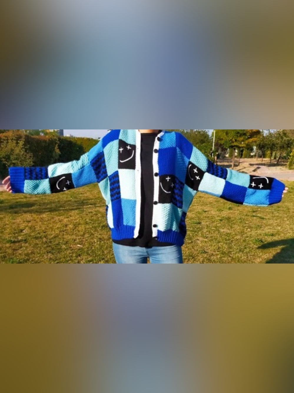 Louis Tomlinson 1D Blue Patchwork Smiley Cardigan Sweater Fits up to XXXL